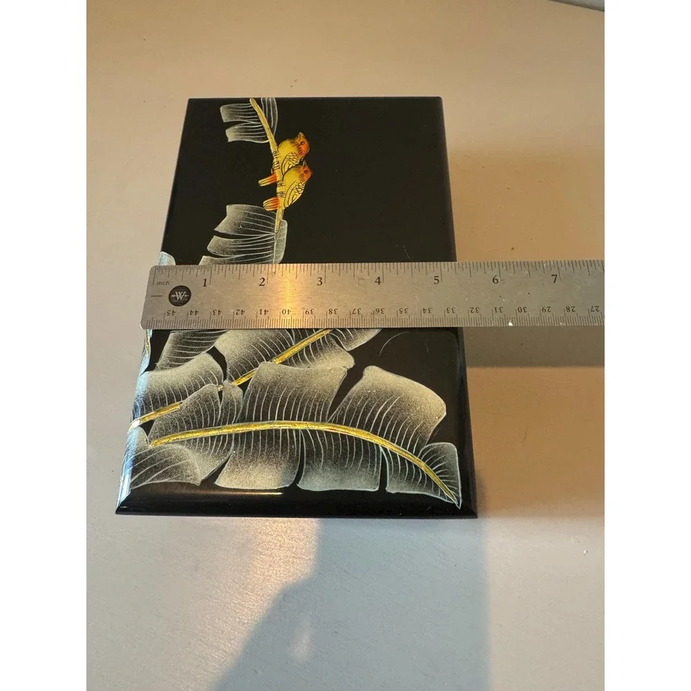 Vintage Black Lacquer Jewelry Box | Chinoiserie Banana Leaf Bird Design, Silk